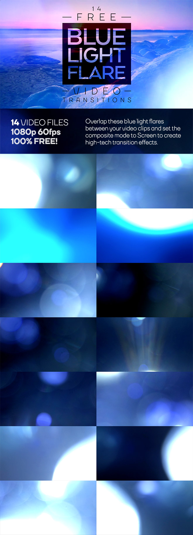 [視頻素材]14個藍光耀斑過渡短視頻